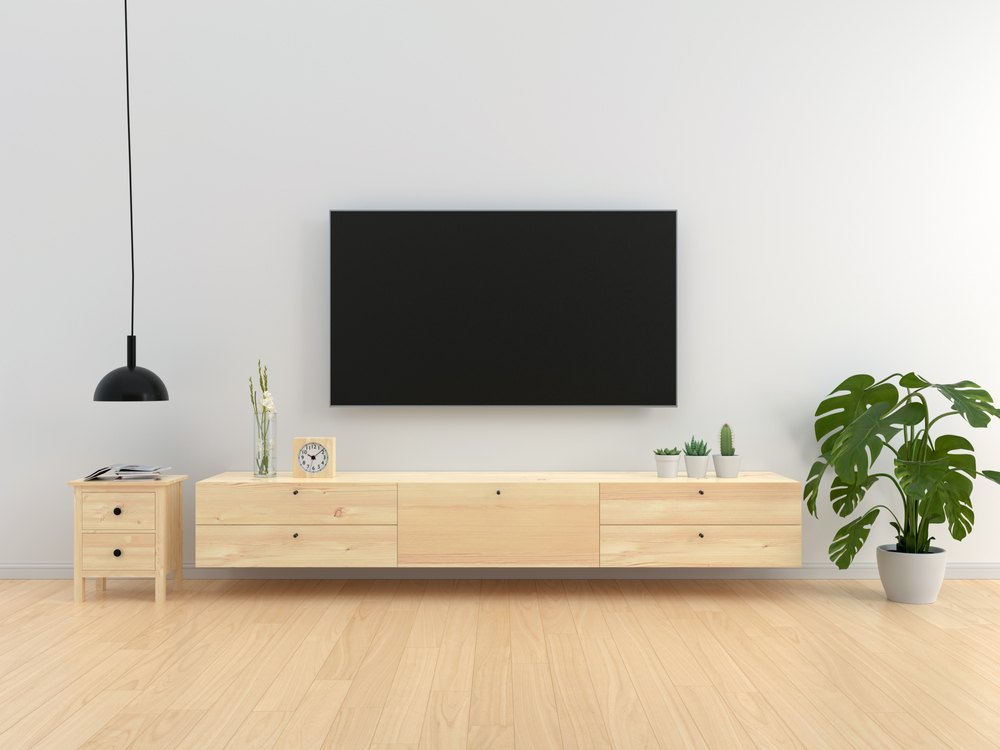 Widescreen,Tv,And,Sideboard,In,Living,Room,,3d,Rendering